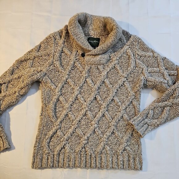 Eddie Bauer Tan Chunky Knit Shawl Collar Heavy Cableknit Sweater Men's XL - Picture 1 of 7